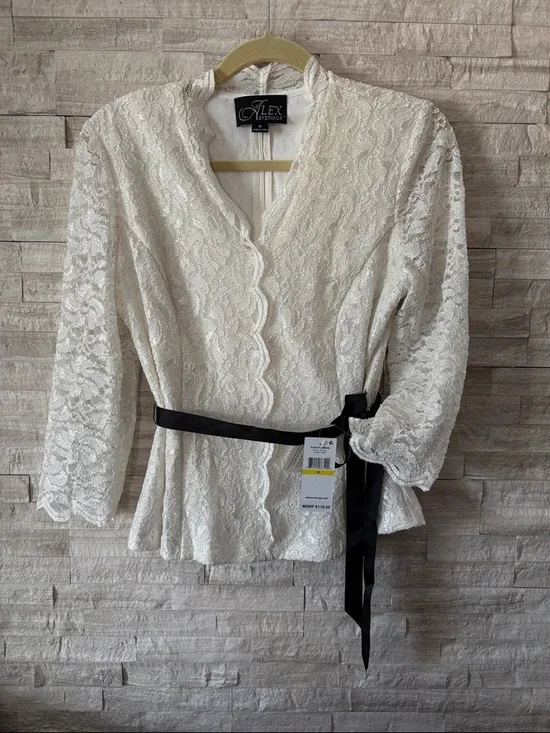 Alex Evenings Cream Lace Peplum Blouse with Black Ribbon - Picture 1 of 11